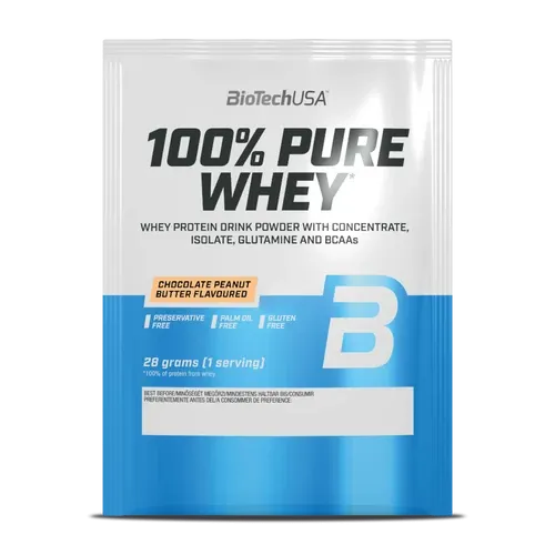 100% Pure Whey tejsavó fehérjepor - csokoládé-mogyoróvaj - 28g - BioTech USA - 