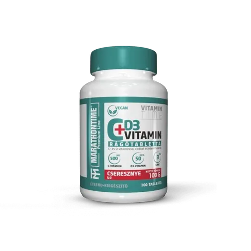C+D3 vitamin rágótabletta - Spirulinával és Cinkkel - 100 tabletta - cseresznye - Marathontime - 