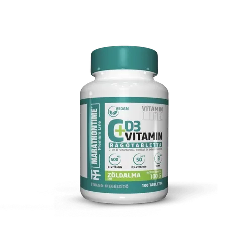 C+D3 vitamin rágótabletta - Spirulinával és Cinkkel - 100 tabletta - zöldalma - Marathontime - 