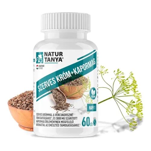 Szerves KRÓM+KAPORMAG koncentrátum a vércukorszint fenntartásához, és az emésztés támogatásához - 60 tabletta - Natur Tanya - 