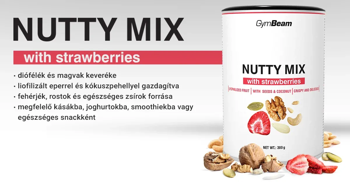 A Nutty Mix eperrel mogyoró, magvak, kókuszpehely és liofilizált eper ropogós keveréke reggelire vagy gyors snack-ként