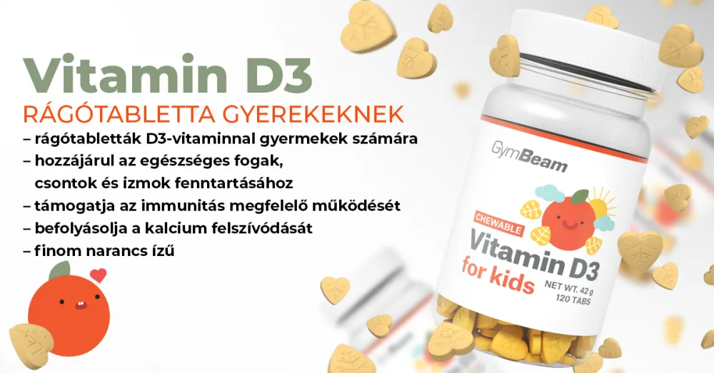 D3-vitamin rágótabletta gyerekeknek - narancs - 120 rágótabletta - GymBeam